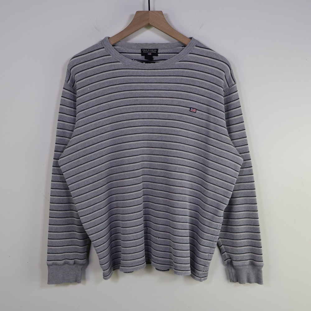 Vintage Polo Jeans Ralph Lauren Thermal Shirt Size M Grunge Striped Grey Cotton